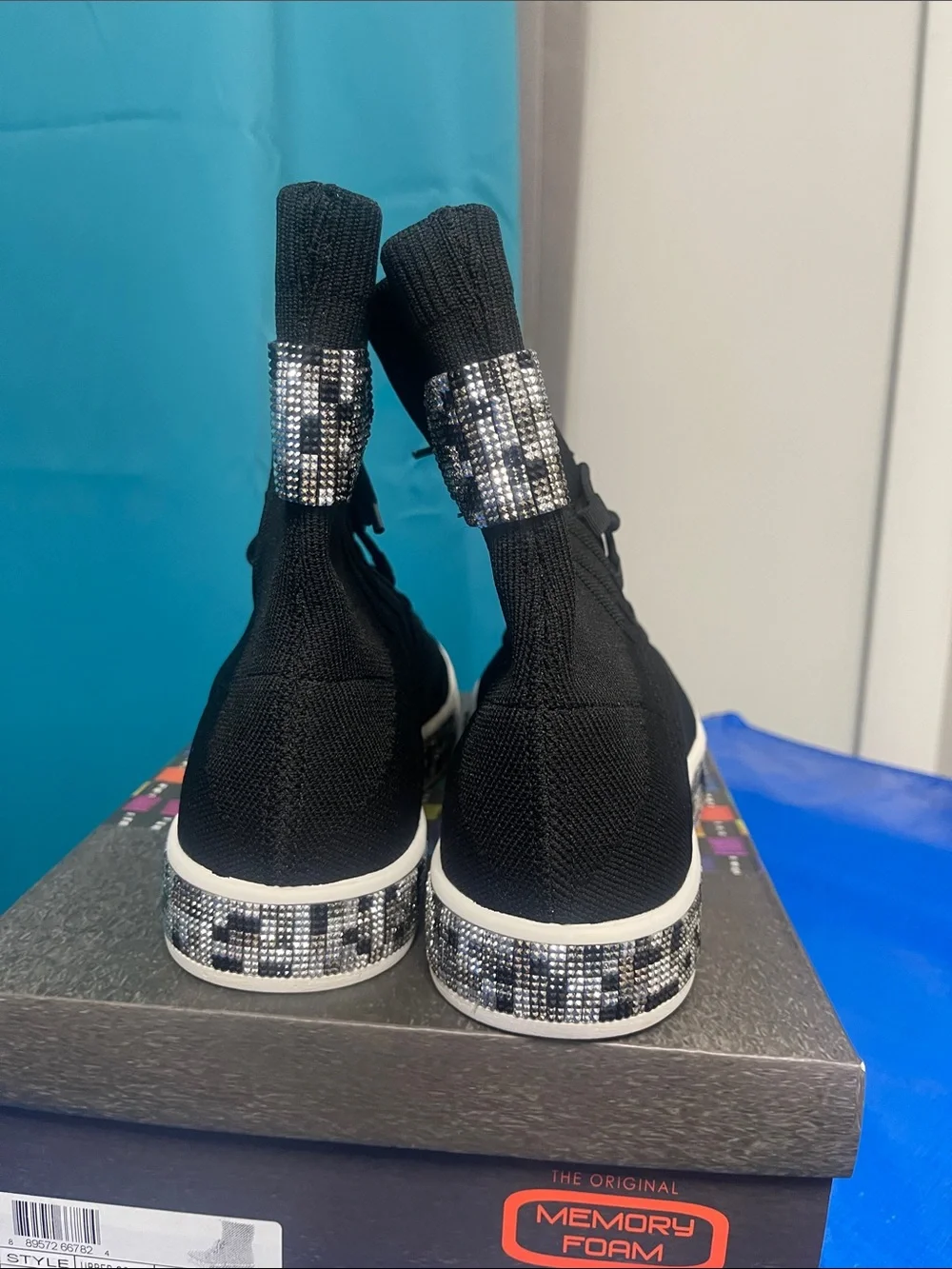 bernie mev. Black Knit High-Top Lace-Up Sneakers with White Sole